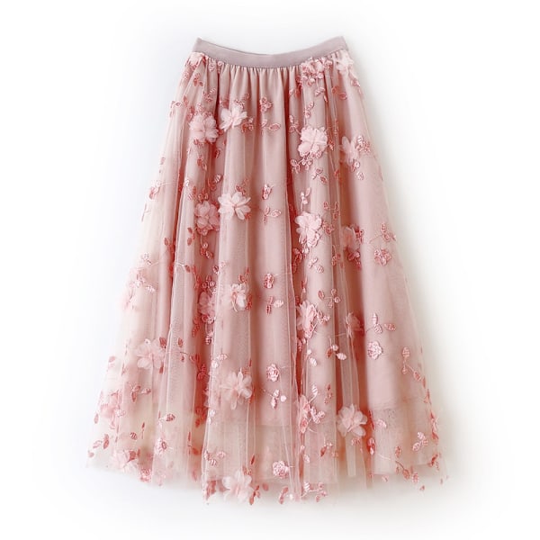 Dame 3D Mesh Blomst Broderet Tulle Midi Skørt Pink