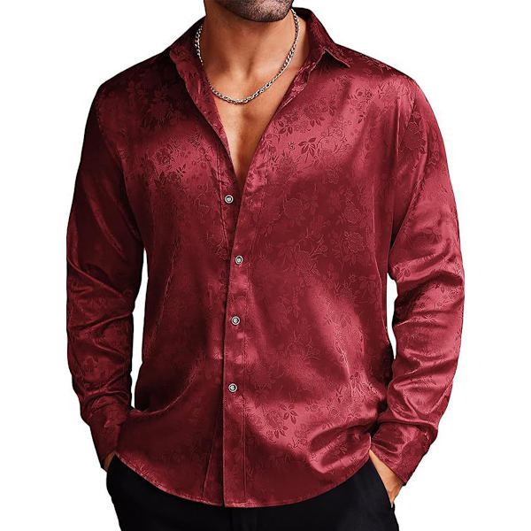 Miesten Silk Satin -puvupaidat Jacquard pitkähihaiset kukkakuvioiset paidat red XL