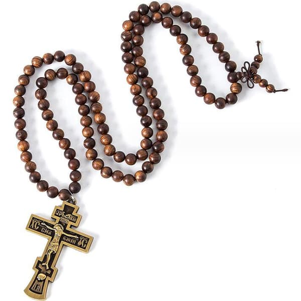 Jesus Kors Halsband Träpärlor Brown