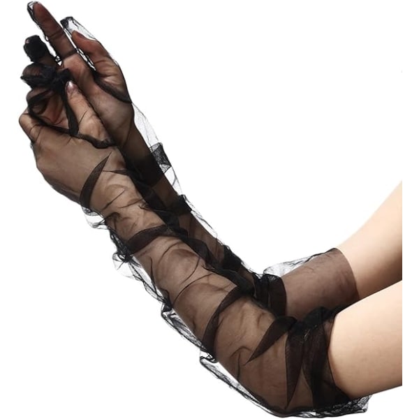 Långa handskar för kvinnor Mesh Tyllhandskar Black