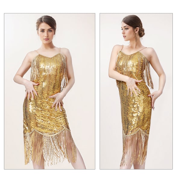 Dam Latin Dans Franskjol Klänning Party Kostym Paljett Sexig Linje Kostym Gold 2XL