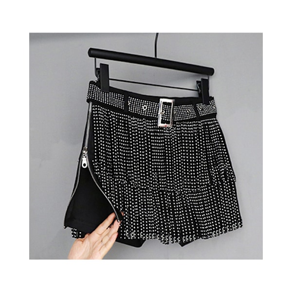 Dam Sparkle Rhinestone Franskjol Elastiskt Midjeband Kort Mini Klänning Black M