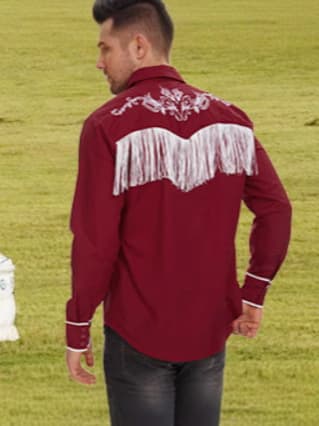 Långärmad herrskjorta med broderade fransar Red S