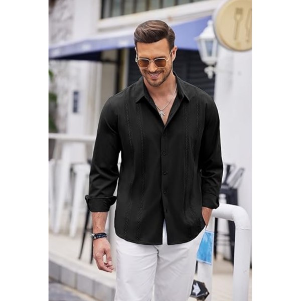 Herr kubanska Guayabera Casual Button Down strandlinneskjortor Black S