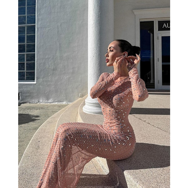 Dame Sexy Rhinestone Gjennomsiktig Mesh Kjole Coffee S