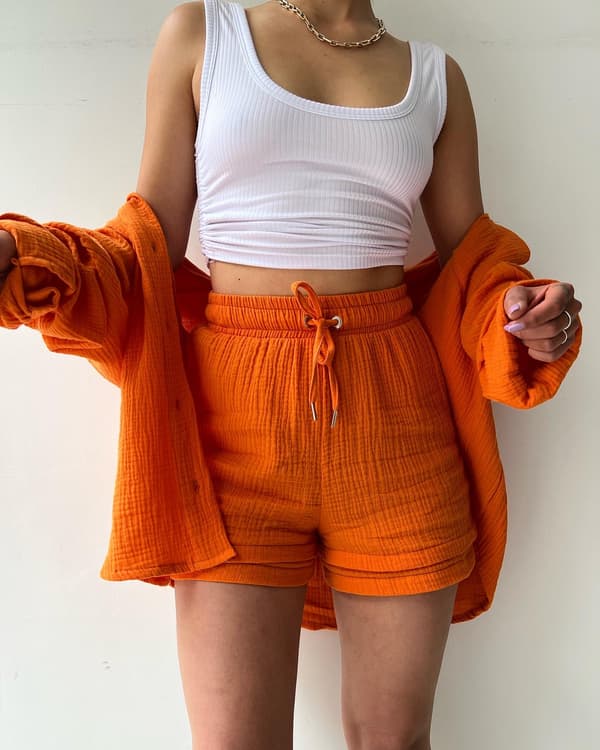 Dam 2-delad byxa set Linne Shirtort set Orange S