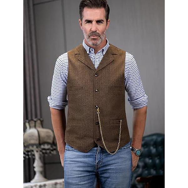 Herringbone tweed väst för män, retro V-ringad ull väst för bal Grey L