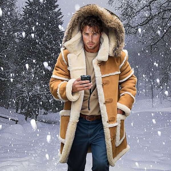 Herrar Pälsjackor med Huva Faux Suede Sherpa Fodrad Fårskinnjackor Yellow L