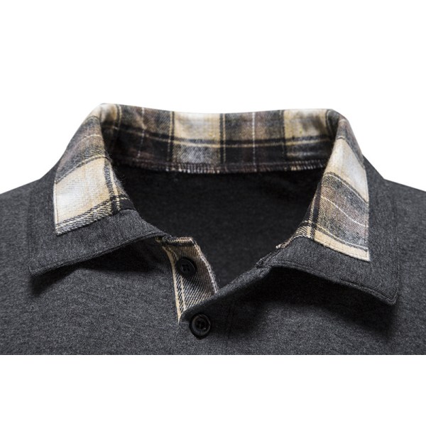 Høyhalset Skjorte for Menn med Lang Erme, Rutete Patchwork, Casual Dark Gray M