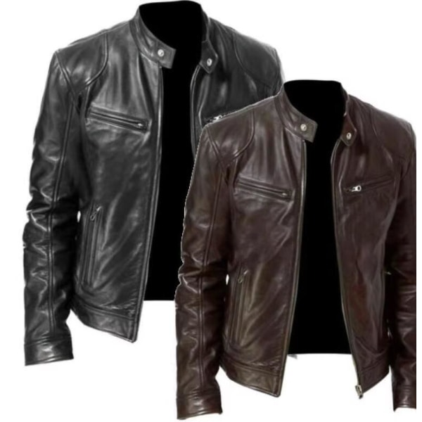 Mænds Slim Fit Stand Collar Læderjakke Brown M