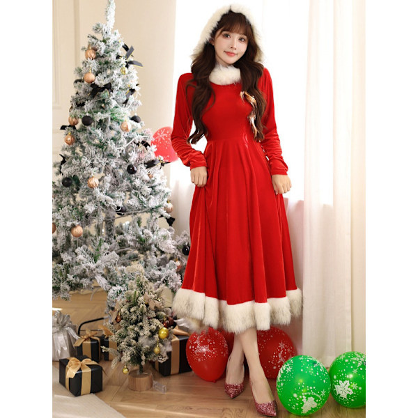 Womens Mrs Santa Claus Costume Long Sleeve Female Cosplay Dresses