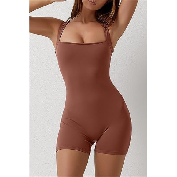 Damer Strappy Square Neck Linne Bodycon Stretch Shorts Jumpsuit Brown L