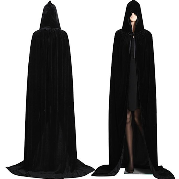 Halloween-kappa i lång sammet med huva för vuxna - Vampyrkappa Black S