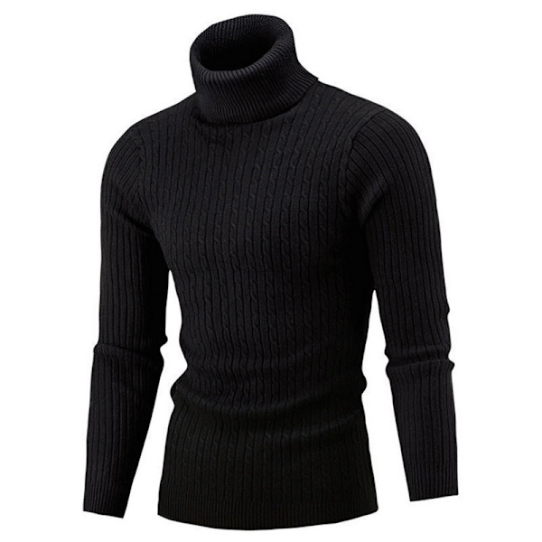 Varm stickad tröja med hög hals för män, långärmad Black M