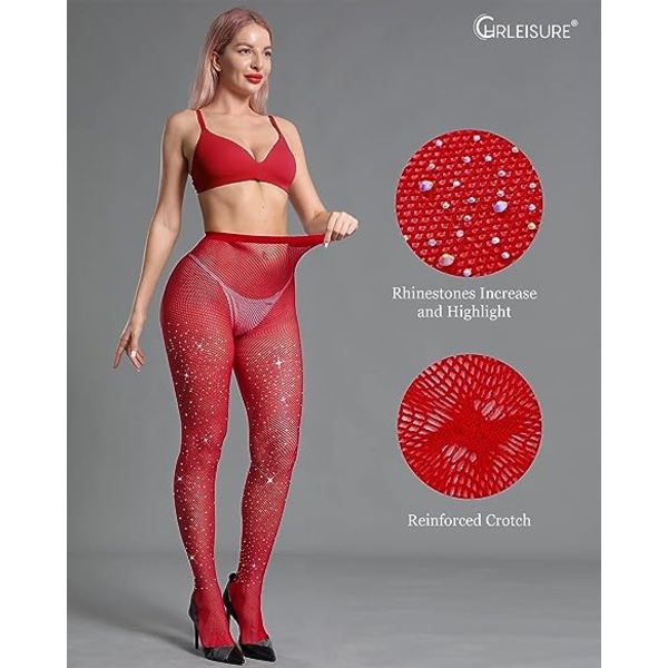 Sparkle Rhinestone Fishnets för kvinnor Red