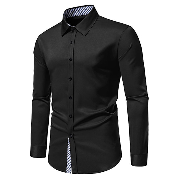 Herre Business Slim Fit Dress Skjorte, Lang Ermet Knapp Ned Skjorte Black L