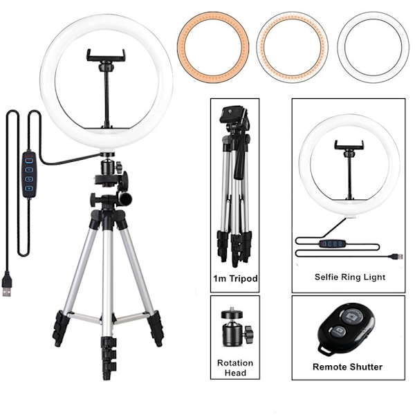 10'' Ringlys med Udtrækkelig Tripod Stativ, LED Cirkellys SILVER