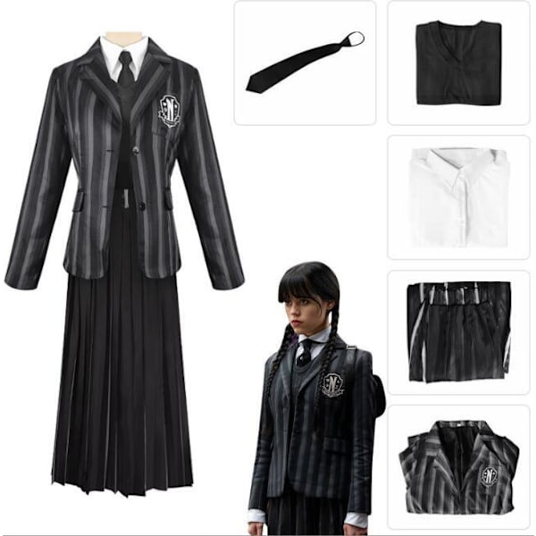 Wednesday Addams -sankarin mustavalkoinen raidallinen puku L