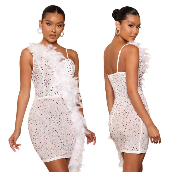 Sexy Mesh Rhinestone Kjole til Kvinder med Hot Drilling White XL