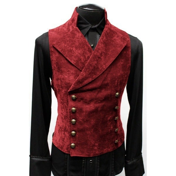 Hernesett for menn i kunstig skinn, dobbeltknappet, smal passform, gotisk steampunk, gentleman-smoking Red S