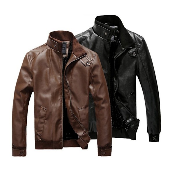 Mænds Afslappet Lynlås Slim Bomber Kunstlæderjakke Brown 4XL