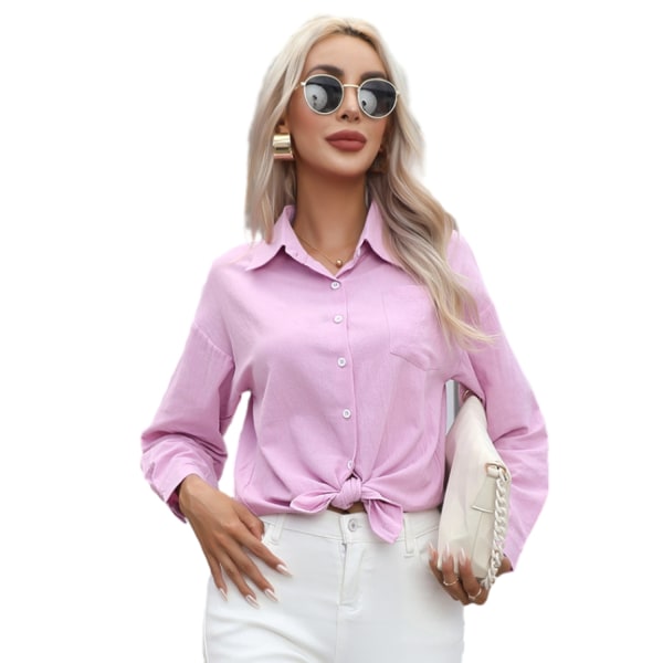 Enfärgad casual bomullsskjorta för kvinnor Pink M