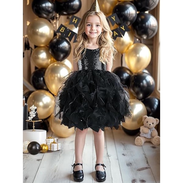 Tutu-kjole for jenter, glitrende paljett-tyllprinsesse-antrekk til bursdagsfest Black 10T