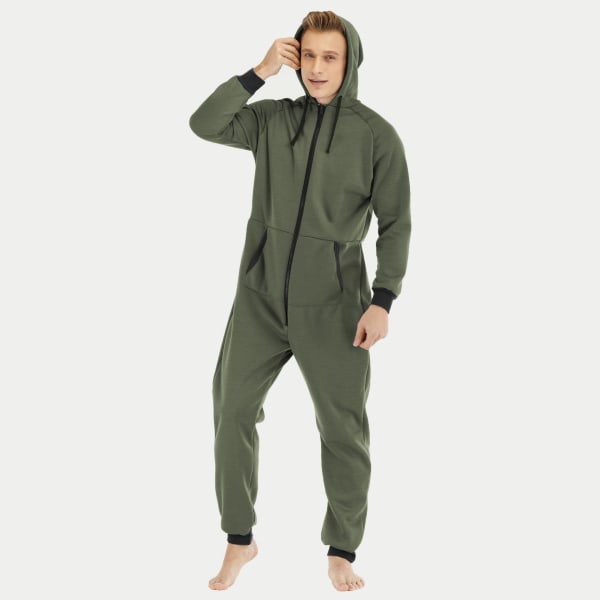 Varm fleece pyjamas med huva för män Green M