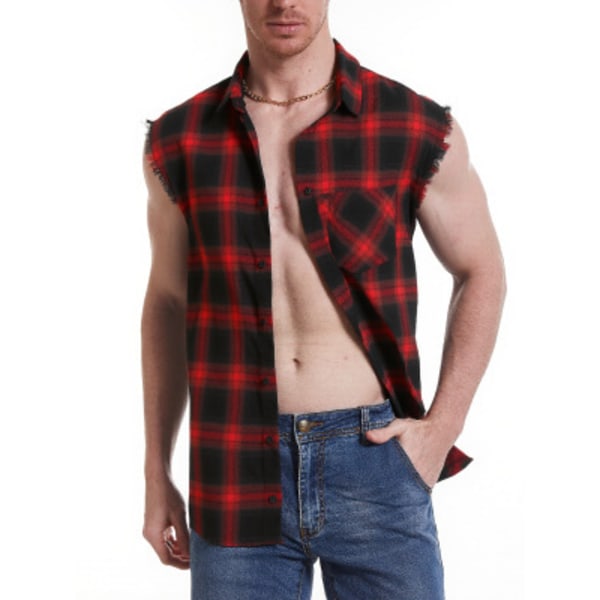 Ermeløs rutete skjorte med knapper for menn, avslappet flanellvest red XL