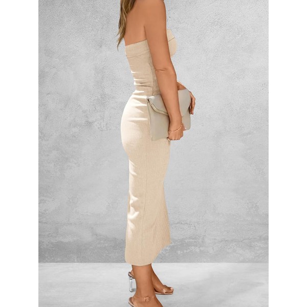 Sommerkjole til kvinder, Bodycon Maxi Tube Kjole, Ribbet Stropløs Kjole med Slids i Siden beige L