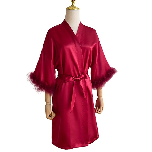Satin-morgenkåpe for kvinner med fuzzy trim, lange ermer og belte - Brudekjole til bryllupsdagen Red