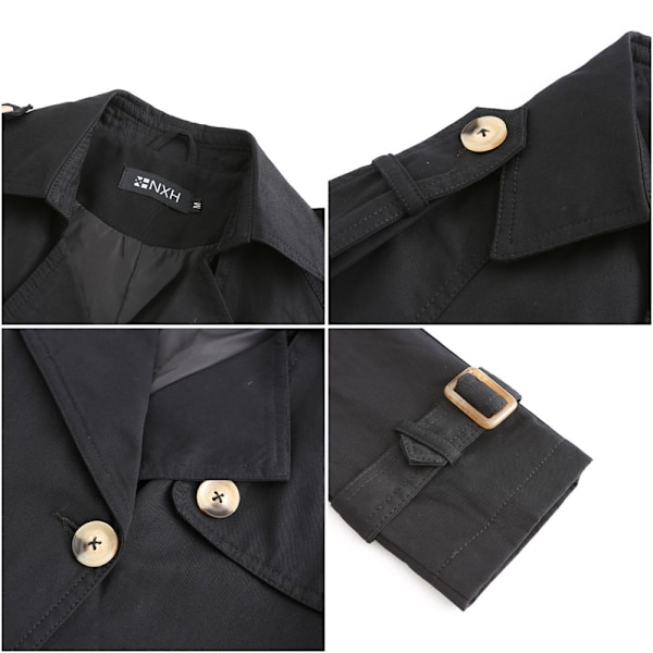 Kvinnors Trenchcoat Lång Dubbelknäppt Höstmode Klassisk Krage Slank Överrock Black M