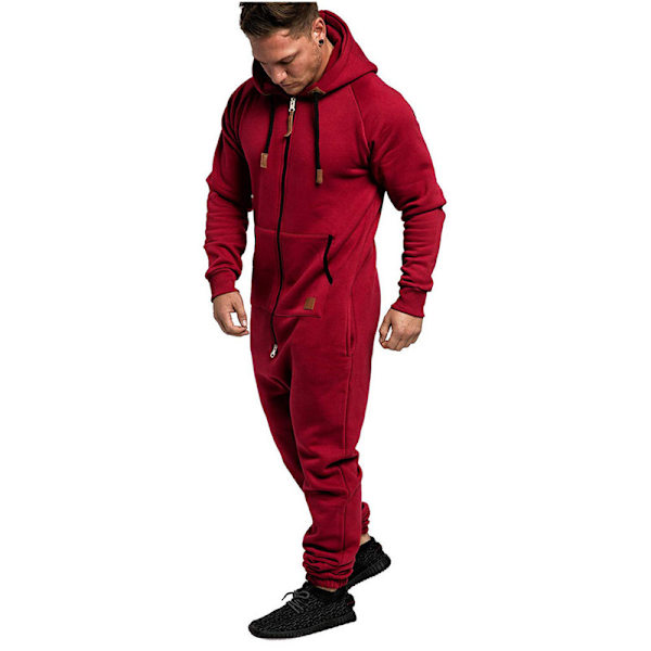 Männs Huvad Jumpsuit Zip Up En-Del Pyjamas Playsuit Wine Red L