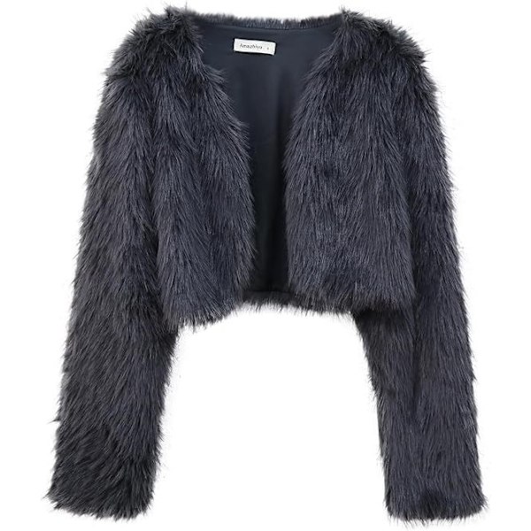 Kvinnors Mode Klippt Konstpälsjacka Långärmad Öppen Fram Kort Kavaj Dark Grey M