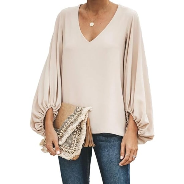 Kvinners V-hals Chiffon Skjorte Casual Lantern Erme Topp Apricot S
