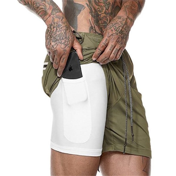 Herr 2 i 1 löparshorts andningsbara aktiva gym träningshorts Army Green M
