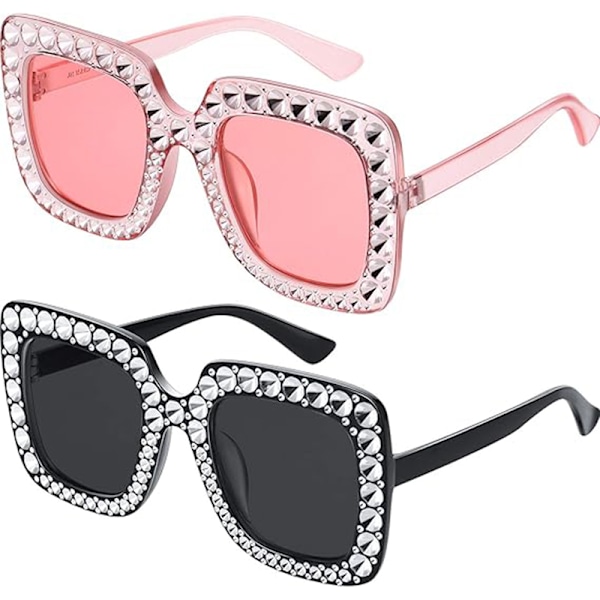 2 stk. Oversize Firkantede Glitrende Solbriller Retro Tykke Ramme Solbriller Pink+Black
