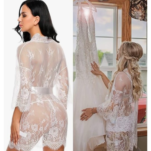 Damspets Kimono Robe Babydoll Underkläder Mesh Nattlinne White M