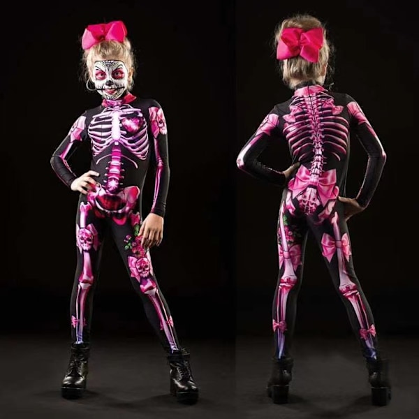 Dam Halloween Party Kostym Skalle Print Långärmad Jumpsuit Outfit Kid-Black 140cm