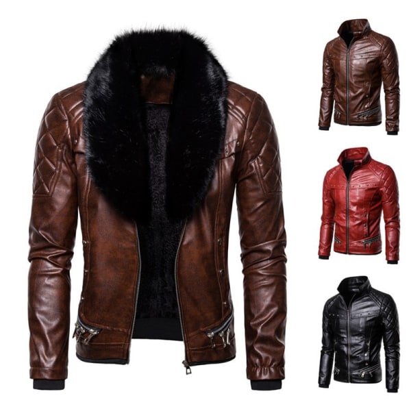 Herrar Zippade Avtagbar Pälskrage Jacka, Läder Vintage Steam Punk Retro Rockjacka Brown XL