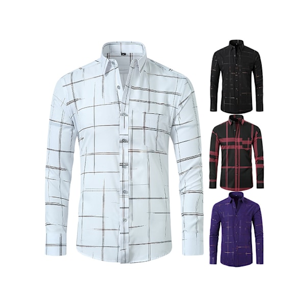 Mænds Plaid Skjorter med Knapper Langærmede Skjorter Wine Red M
