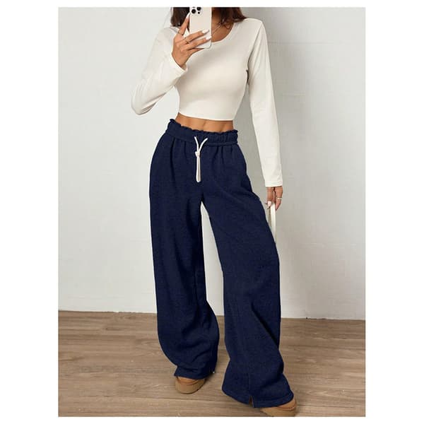Brede sweatpants for kvinner, høy midje, rette ben, snøring, elastisk midje Blue M