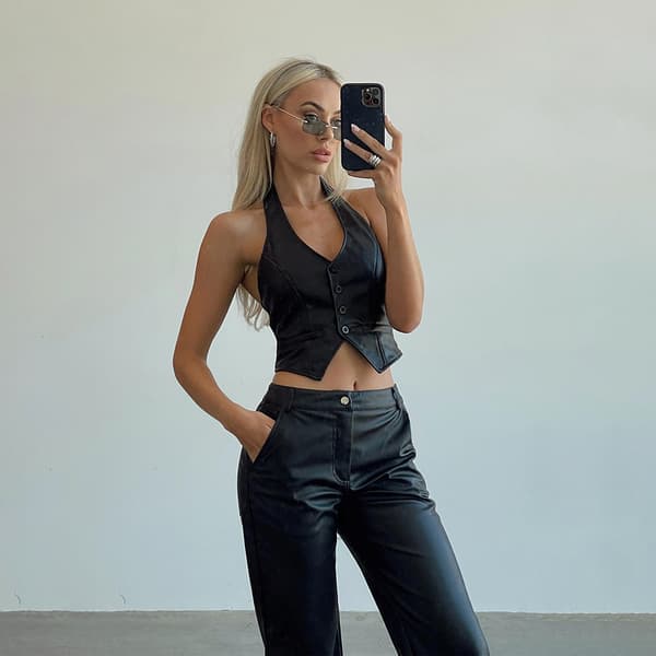 Dammode ärmlös halslös läderväst Top black XL