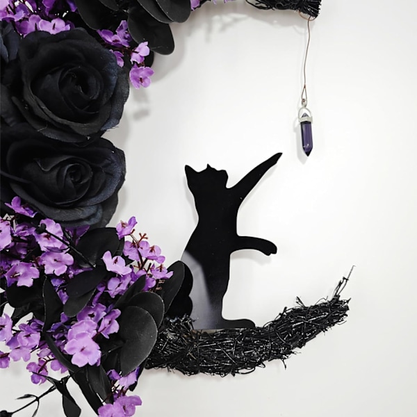 Halloween Halvmånekrans med Lys, Svart Måneblomst og Kattkrans Style 2