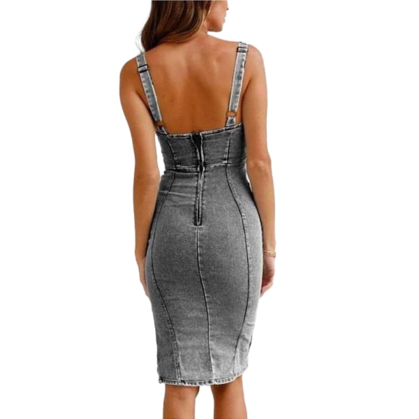 Kvinner U-hals Halter Casual Stil Denim Kjole Black Gray S