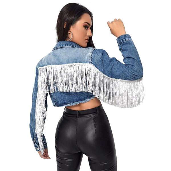 Damfransar långärmad Crop jeansjacka dark blue M
