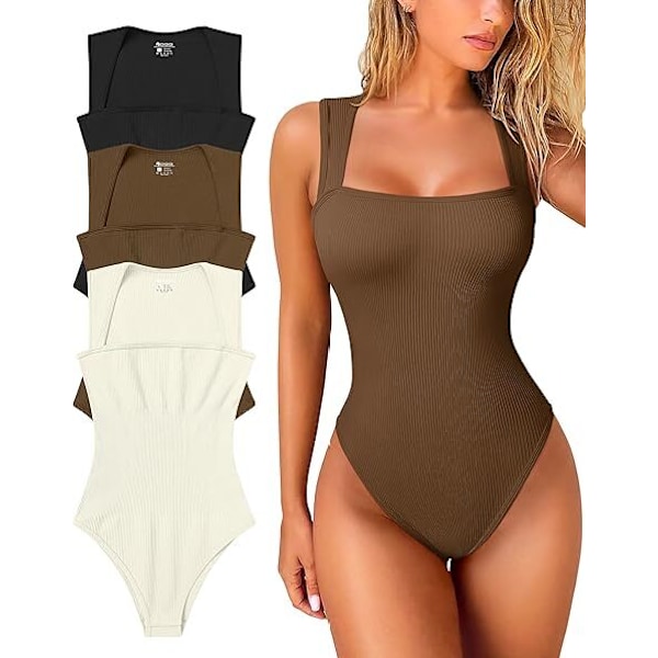 Dame 3-delt Bodysuit Sæt Sexet Ribstrikket Stroptop Firkantet Hals Ærmeløs Mavekontrol Tanktoppe Bodysuits coffee S