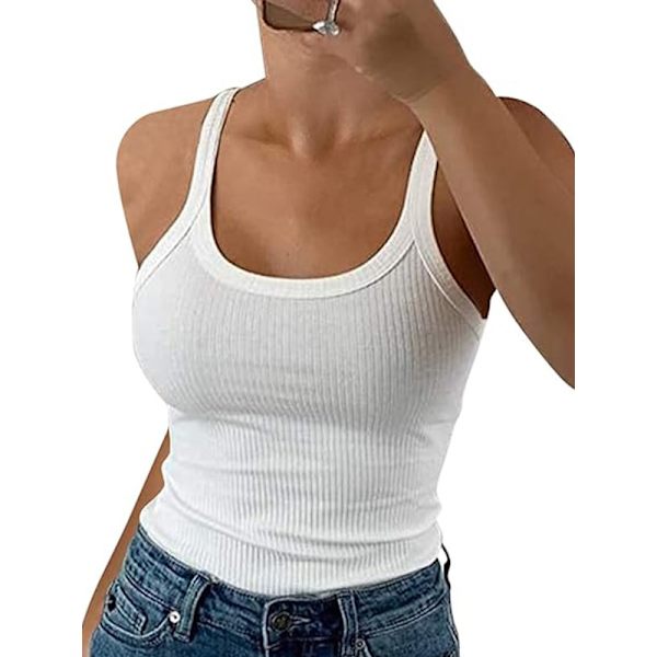 Naisten Scoop Neck Ribbed Tank Topit Treenihihaton Cami-paita White M