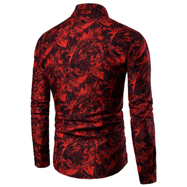 Herrar Långärmad Cardigan Knapp Tryckt Krage Skjorta Red M