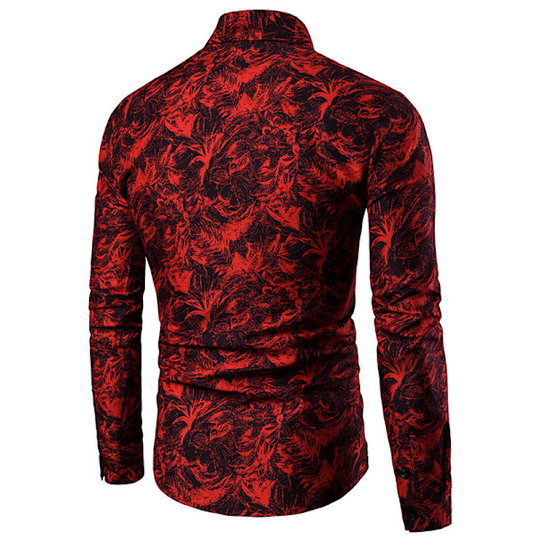 Mænds Langærmet Cardigan-Knap Trykt Lapel Skjorte Red M